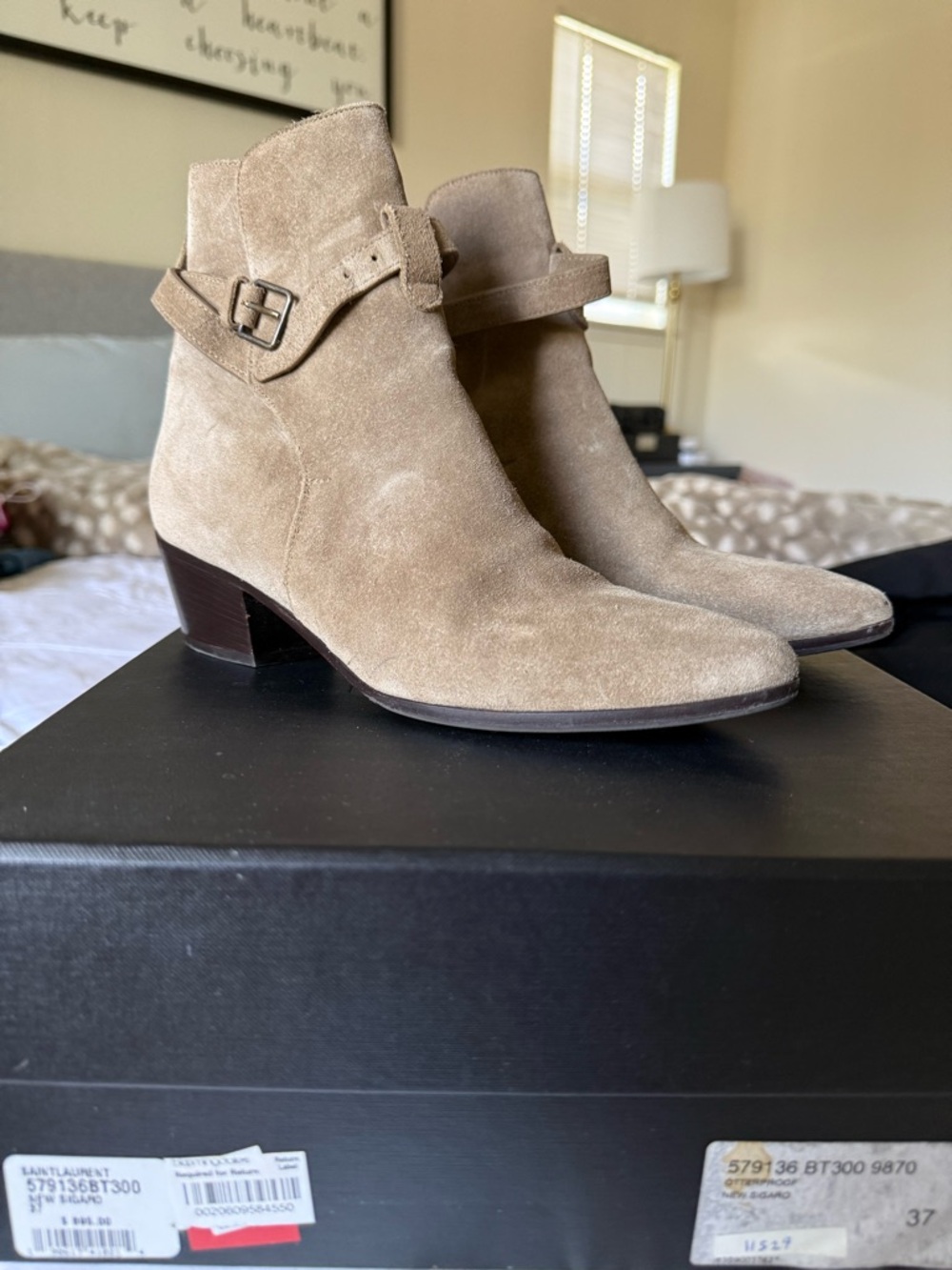 Saint Laurent Taupe Suede Ankle Boots with Buckle Strap